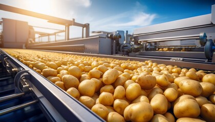 clean yellow potatoes on conveyor belt sunny factory farm backdrop produce factory