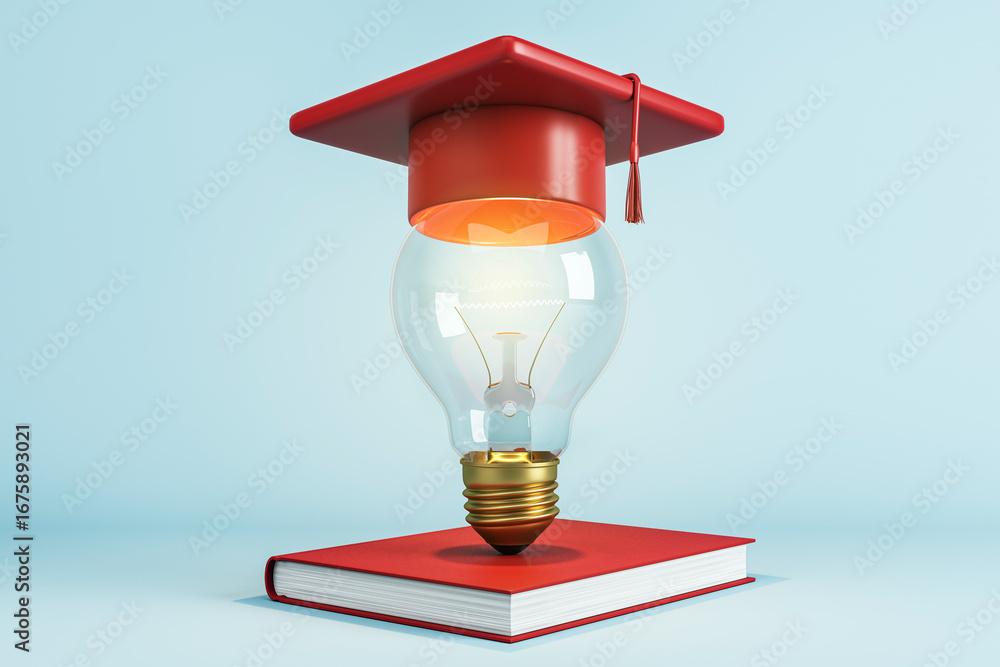 Poster lightbulb with red graduation cap on book symbolizing education, learning, and creative ideas on blu