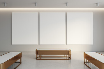 Contemporary art gallery interior with three vertical blank canvases on wall in minimalistic room with golden benches and clean lighting setup. 3D Rendering