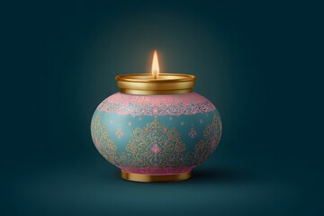Ornate teal and pink pot with golden flame image