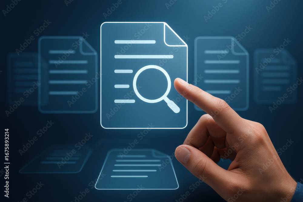 Poster digital document search concept with hand pointing at file icon with magnifying glass