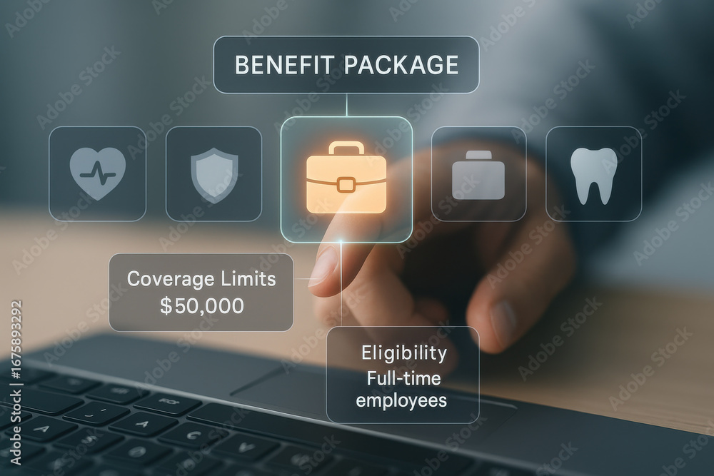 Poster benefit package selection with coverage limits and eligibility for full time employees