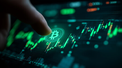 Businessman hand finger touch bitcoin touchscreen interact digital futuristic interface.