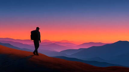 Hiker Silhouette Against a Stunning Sunset Over Majestic Mountain Range