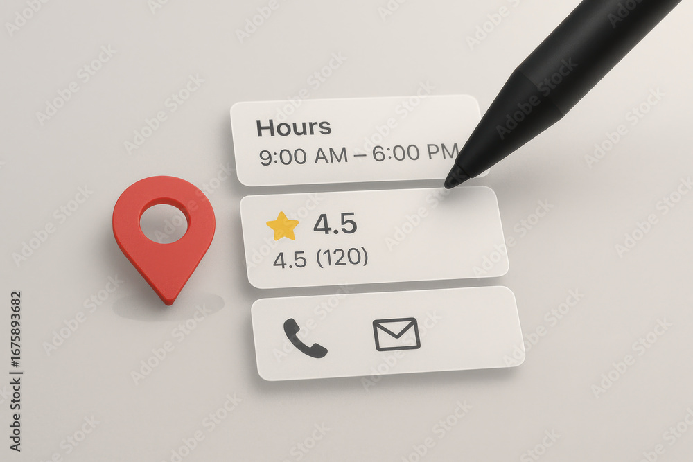 Poster business hours and rating interface with location pin and contact icons
