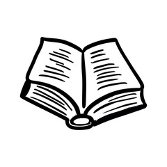Illustration of an open book with visible pages and spine in black and white simple line drawing style