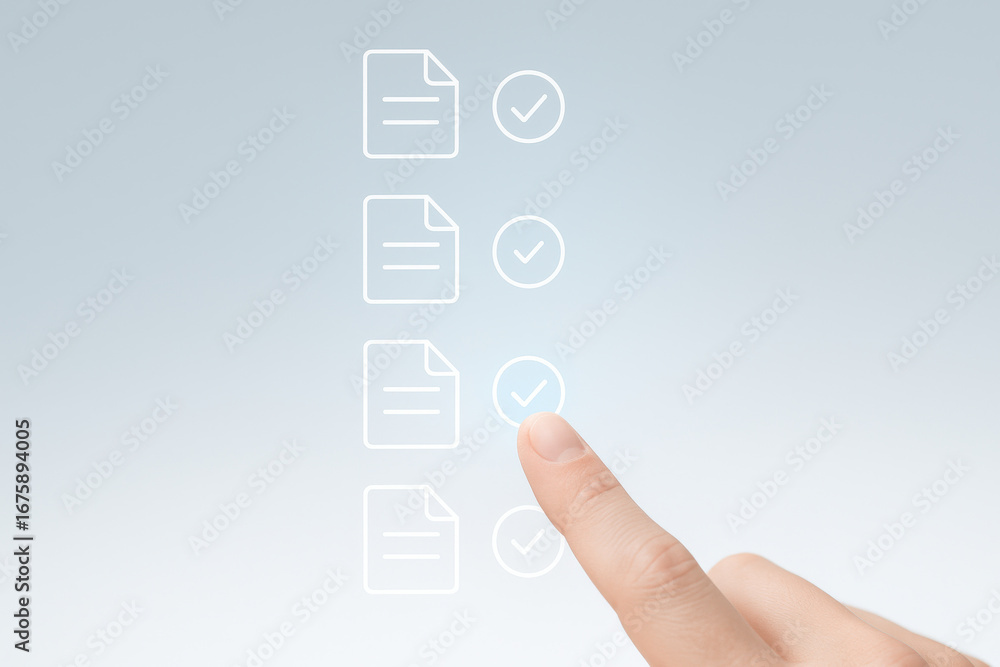 Poster finger pointing at checklist icon with document and checkmark symbols on transparent screen