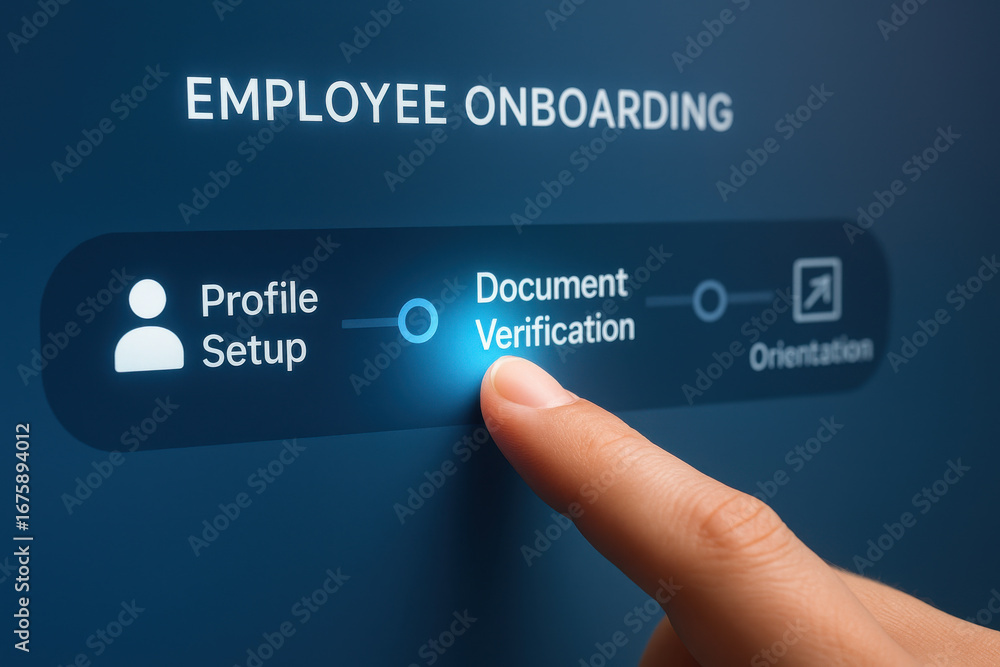 Poster employee onboarding process with finger selecting document verification step on digital screen