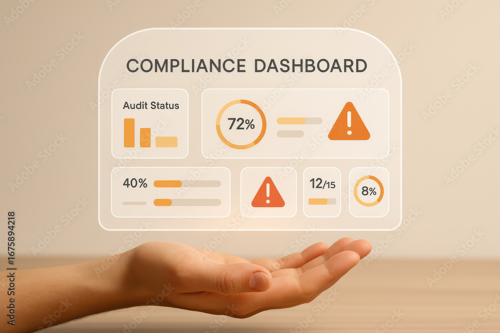 Poster compliance dashboard with audit status and warning icons above open hand