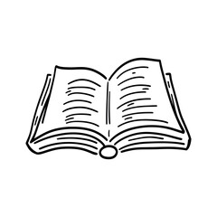 Illustration of an open book with visible pages and spine in black and white doodle style drawing