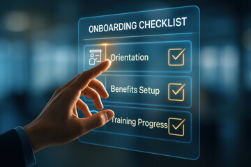 Onboarding checklist with orientation, benefits setup, and training progress being selected