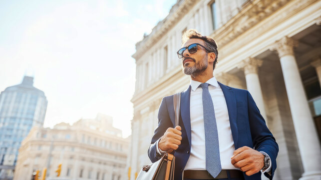 Confident, stylish businessman in suit and sunglasses, holding briefcase, walking purposefully through sunlit city street with historical architecture.