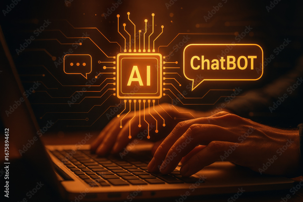Poster ai chatbot concept with hands typing on laptop keyboard in dark environment
