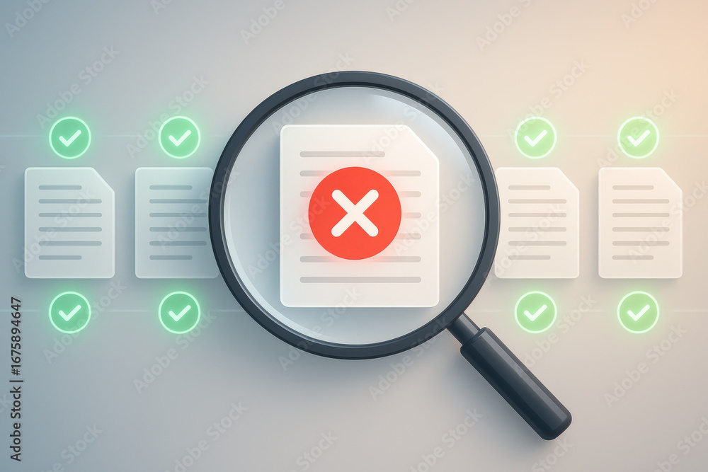Poster document with error under magnifying glass and approved files around it concept