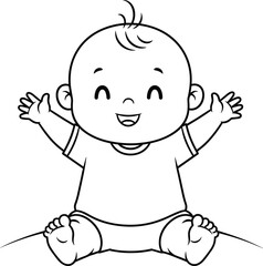 Happy baby cartoon, black and white vector, joyful infant pose, sitting child illustration, expressive face, playful moment, cute toddler drawing