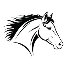 black horse vector illustration, horse head illustration in black and white silhouette style