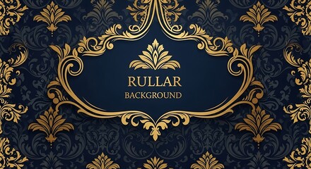 Elegant Golden Floral Frame on Dark Blue Damask Background.
