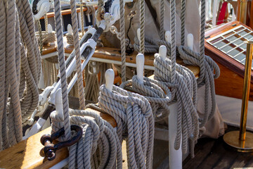 Coiled Ropes and Rigging on Sailing Ship Deck