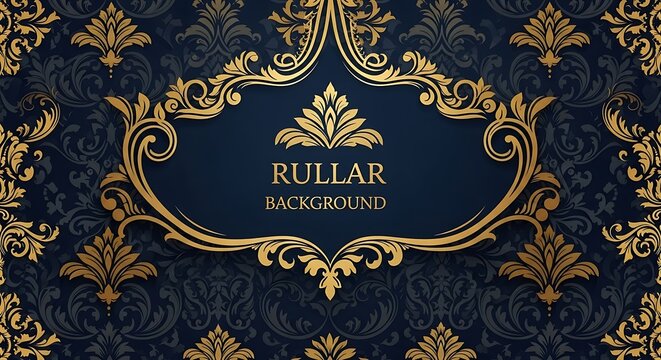 Elegant Golden Floral Frame on Dark Blue Damask Background. - Powered by Adobe