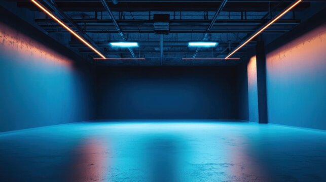 A spacious, empty warehouse with neon lights casting a blue glow. - Powered by Adobe