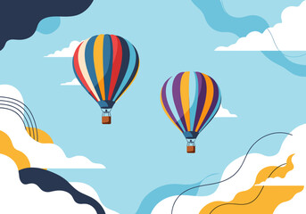 Fototapeta premium Two vibrant hot air balloons soaring gracefully through a bright blue sky amongst fluffy white clouds and abstract shapes