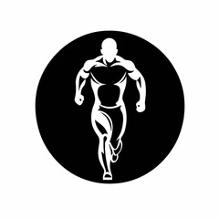 Muscular runner sprinting powerfully forward in bold black and white vector silhouette