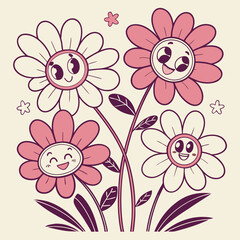 Obraz premium Cute flowers with kawaii faces in Pop Art comic style