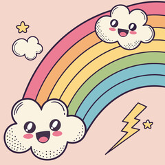 Pop Art rainbow with kawaii clouds