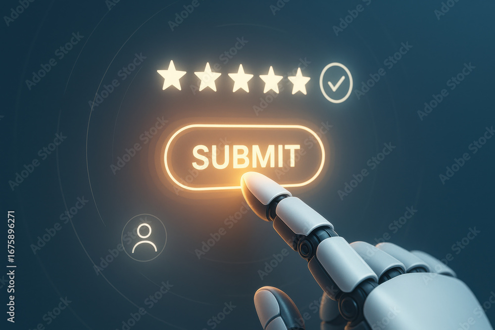 Poster robot hand pressing submit button with five star rating and user icon on digital interface