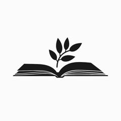 Open book adorned with plant, symbolizing growth and knowledge, in silhouette