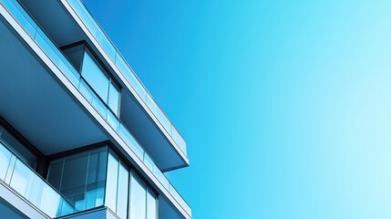 Fototapeta premium A modern, glassy building with a blue sky in the background.