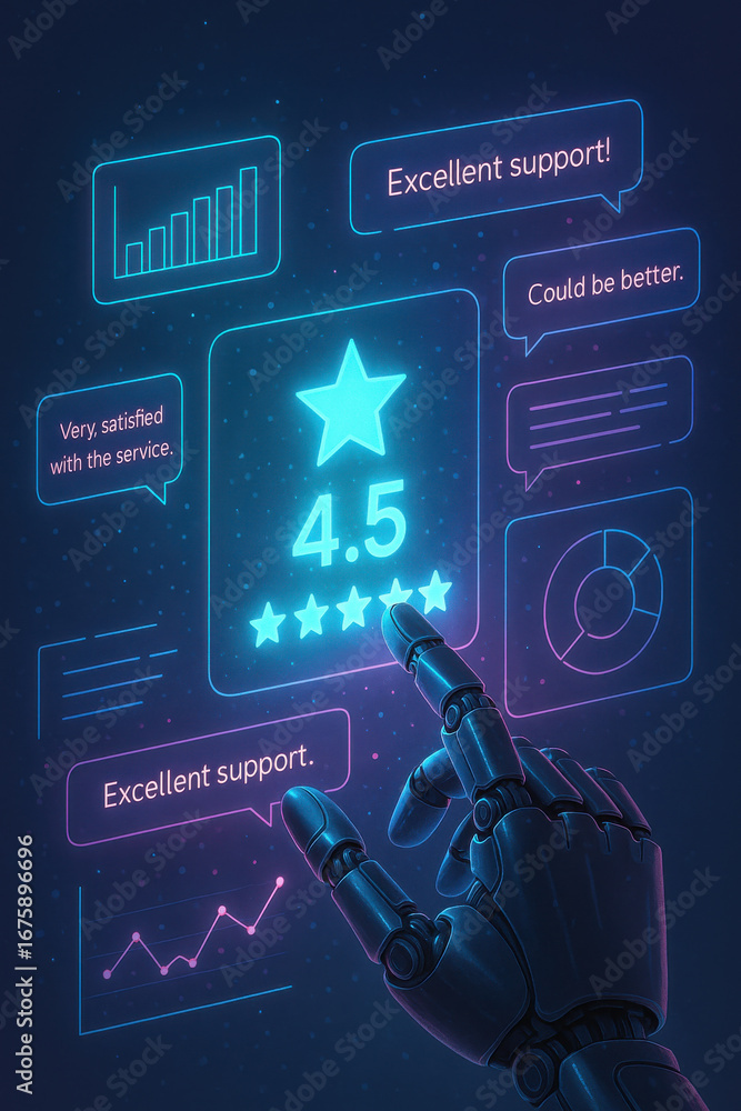Poster customer rating feedback with robotic hand and digital interface showing service satisfaction