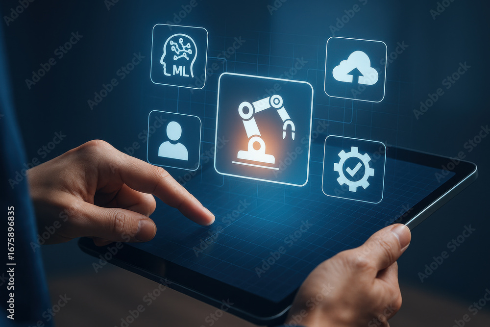 Poster industrial automation concept with robotic arm and machine learning icons on tablet