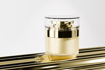 golden cream bottle mockup, metallic gold plastic cosmetic bottle, short cylindrical shape facial lotion packaging with airless pump dispenser, electroplating acrylic double wall skincare container