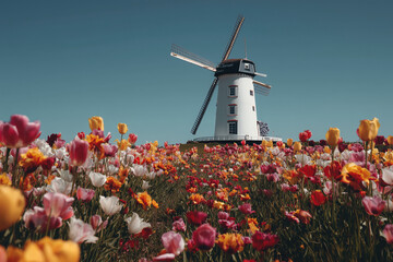 a windmill in a field of tulips