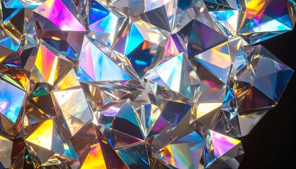 Close-up view of a vibrant cluster of multifaceted crystals, showcasing a dazzling array of iridescent colors and light refractions.