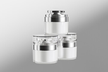 silver skincare pump bottle mockup, double wall acrylic facial moisturizer container, metallic electroplating cosmetic bottle, short cylindrical shape lotion packaging with airless pump dispenser