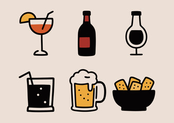 Minimalist Party Drink Icon Set Vector in Clean Line Style
