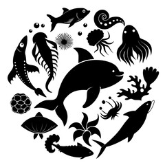 Naklejka premium Minimalist Marine Life Silhouettes Vector Set | Sea Creatures Illustration on White Background