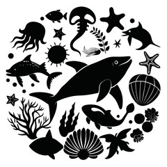 Minimalist Marine Life Silhouettes Vector Set | Sea Creatures Illustration on White Background