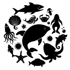 Minimalist Marine Life Silhouettes Vector Set | Sea Creatures Illustration on White Background