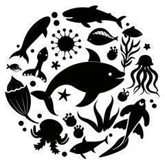 Minimalist Marine Life Silhouettes Vector Set | Sea Creatures Illustration on White Background