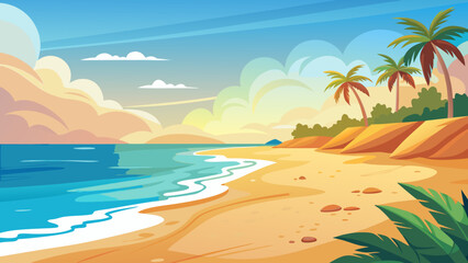 Obraz premium Picturesque tropical beach with palm trees, golden sand, and gentle waves lapping ashore