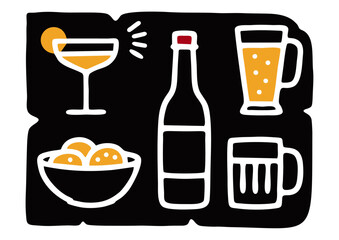 Modern Party Vector Icons of Drinks and Snacks in Line Style