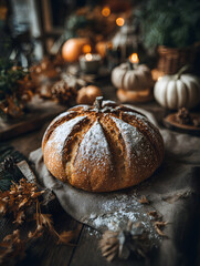 A beautifully crafted pumpkin shaped sourdough bread dusted in flour, sits on  rustic table with autumn-hemed decor. Perfect for Tanksgiving or fall celebraions, embodying cozy and fstive vibes.
