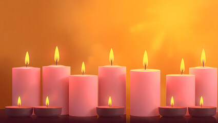 Multiple candles in a row, gold&ndash;brown gradient background, spiritual atmosphere