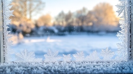 Frosted Window with Delicate Patterns Viewing Snowy Landscape and Trees in Golden Sunlight, Cozy Winter Indoor Scene