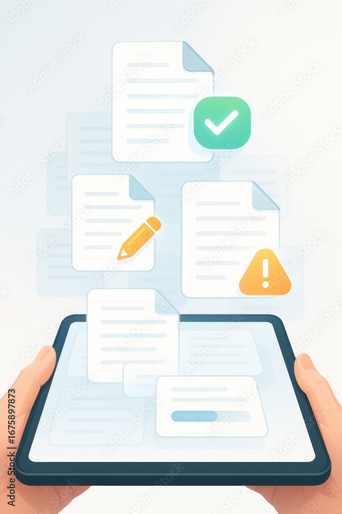 Poster digital tablet with document icons showing editing, approval, and warning signs for efficient