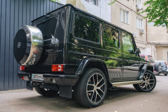 Almaty, Kazakhstan - July 15, 2025: Black Mercedes-Benz Gelandewagen G63 AMG in a parking lot
