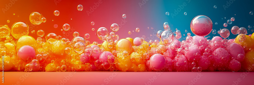 Poster captivating abstract composition featuring cascade of transparent bubbles and glossy spheres in pink